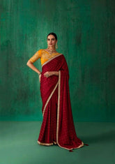 Maroon Satin Jacquard Saree with Embroidered Blouse