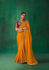 Mustard Yellow Satin Jacquard Saree with Embroidered Blouse