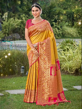 India Silk Presents Yellow And Pink Contrast Banarasi Silk Sarees Adorned With Beautiful Weaving Featuring A Striking