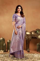 India Silk Lavender Sarees Showcase A Rich Pallu Adorned With Intricate Zhallar Work Blending Traditional Craftsmanship