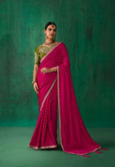 Rani Pink Satin Jacquard Saree with Embroidered Blouse