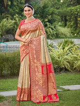 India Silk Presents Red And Off-White Contrast Banarasi Silk Sarees Adorned With Beautiful Weaving Featuring A Striking