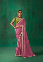 Onion pink Satin Jacquard Saree with Embroidered Blouse