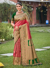 India Silk Presents Pink And Green Contrast Banarasi Silk Sarees Adorned With Beautiful Weaving Featuring A Striking