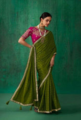 Olive Satin Jacquard Saree with Embroidered Blouse