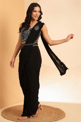 Black Designer Hand Embroidered Chiffon Saree