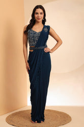 Royal Blue Designer Hand Embroidered Chiffon Saree