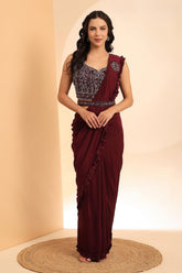 Wine Red Designer Hand Embroidered Chiffon Saree