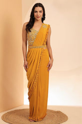 Yellow Designer Hand Embroidered Chiffon Saree