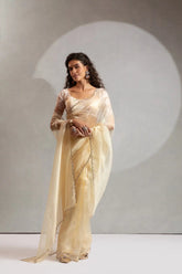 India Silk Elegant Ivory Chiffon Saree with Silver and Gold Embellishments