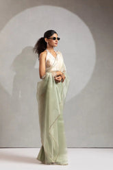 India Silk Elegant Mint Green Chiffon Saree with Silver and Gold Embellishments