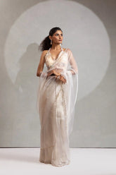 India Silk Elegant Beige Chiffon Saree with Silver and Gold Embellishments