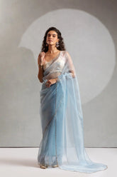 India Silk Elegant Blue Chiffon Saree with Silver and Gold Embellishments