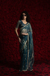 India Silk Luxury Teal Blue Silk Saree with Gold Embellishments