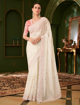 Ivory Embroidered Saree for Women | Party Wear Saree UK