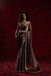 India Silk Luxury Satin Rose Gold Saree with Pearl and Silver Border Embellishments