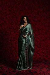 India Silk Dark Green Luxury Satin Saree with Pearl and Silver Border Embellishments