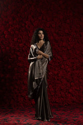 India Silk Dark Brown Luxury Satin Saree with Pearl and Silver Border Embellishments