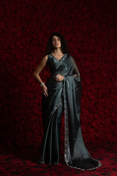India Silk Dark Teal Luxury Satin Saree with Pearl and Silver Border Embellishments