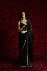 India Silk Black Luxury Satin Saree with Pearl and Silver Border Embellishments