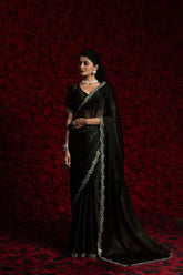 India Silk Black Fendy Silk Saree with Hand Zari Work & Embroidered Border