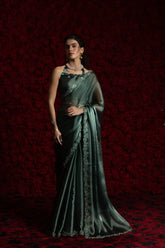 India Silk Pine Green Fendy Silk Saree with Hand Zari Work & Embroidered Border