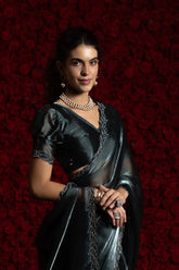 India Silk Dark Grey Fendy Silk Saree with Hand Zari Work & Embroidered Border