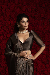 India Silk Bronze Fendy Silk Saree with Hand Zari Work & Embroidered Border