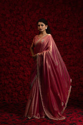 India Silk Rose Pink Wine Fendy Designer Silk Saree with Zari Embroidery & Scalloped Border