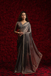 India Silk Grey Fendy Designer Silk Saree with Zari Embroidery & Scalloped Border