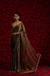 India Silk Brown Fendy Designer Silk Saree with Zari Embroidery & Scalloped Border