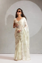 India Silk White Designer Fendy Satin Saree with Zari Buta Work