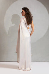 India Silk White Luxury Satin Lilac Saree with Pearl and Gold Embellishments