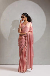 India Silk Pink Luxury Satin Lilac Saree with Pearl and Gold Embellishments