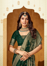 Royal Plum Zari Weaving Banarasi Silk Saree In Green | Indian Wedding & Party Wear