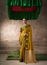 Olive Yellow Embroidered Silk Designer Saree | Luxury Wedding Saree UK