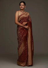 India Silk Presents Maroon the Banarasi Soft Silk Saree A Perfect Blend Of Tradition And Comfort