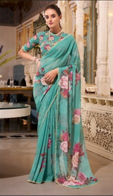 Sea Green Floral Printed Saree with Pearl Border | Elegant Sarees UK
