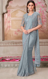 Grey Designer Embroidered Saree with Blouse | UK Ethnic Wear