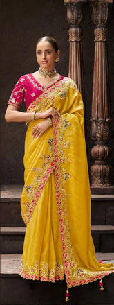 Gold Embroidery Sequins Work Tradional Viscose Tissue Saree