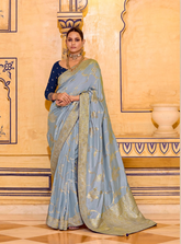 Grey Luxury Handloom Silk Saree with Rich Zari Work | Traditional Indian Saree UK