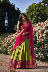 Pistachio Green Kanchipuram Lehenga Choli with Traditional Embroidery