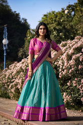 Cyan Kanchipuram Lehenga Choli with Traditional Embroidery