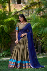 Dark Moss Green Cotton Half Saree Lehenga with Zari Embroidery