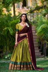 Olive Green Cotton Half Saree Lehenga with Zari Embroidery