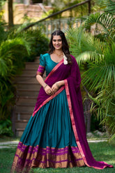 Teal Cotton Half Saree Lehenga with Zari Embroidery