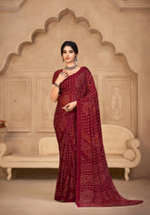 India Silk Maroon Chiffon Sarees Designed To Provide A Soft Flowing Silhouette That Enhances Your Natural Grace