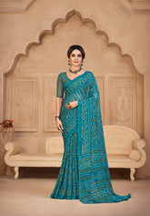 India Silk Teal Blue Chiffon Sarees Designed To Provide A Soft Flowing Silhouette That Enhances Your Natural Grace