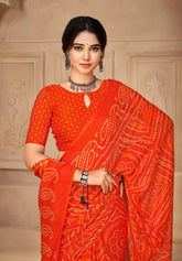 India Silk Orange Chiffon Sarees Designed To Provide A Soft Flowing Silhouette That Enhances Your Natural Grace