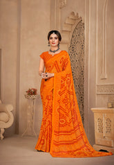 India Silk Orange Chiffon Sarees Designed To Provide A Soft Flowing Silhouette That Enhances Your Natural Grace